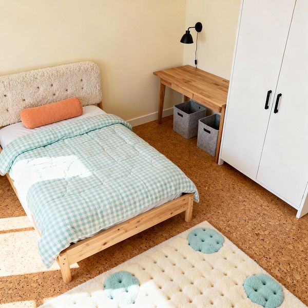 Kids’ bedroom with a light wood single bed and tufted cream bouclé headboard, dressed in a mint gingham comforter, white sheet, and a peach bolster pillow. To the right are a simple wooden desk with a black wall-mounted lamp and two gray felt bins beside a white wardrobe with black handles, while warm cork flooring and an ivory rug with tufted mint circles sit under bright natural light from an off-frame window.