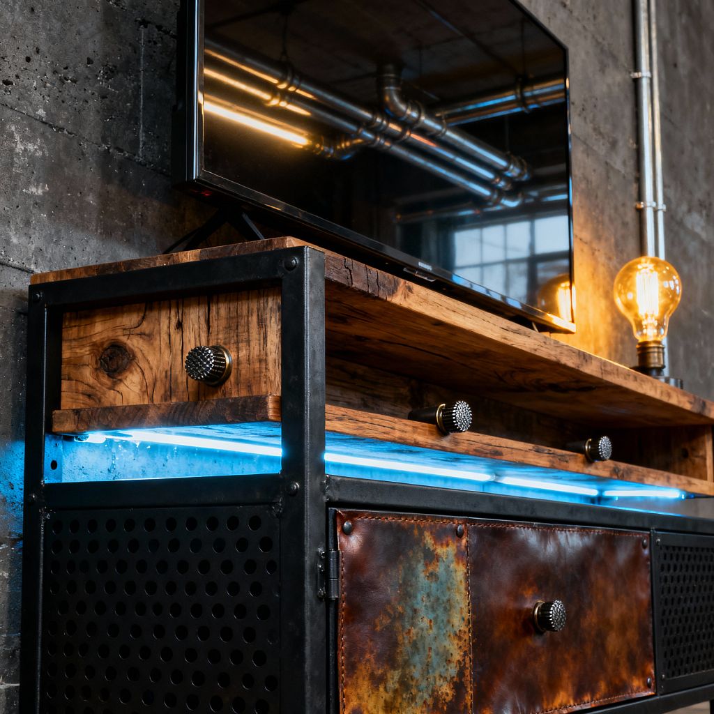 A close-up of an industrial media room shows a TV perched on a console built from reclaimed wood and a black steel frame. The unit features perforated metal doors, patchwork fronts of rusted sheet metal and brown leather with stitched edges, and knurled metal knobs; blue LED strips glow beneath the shelf, while warm Edison bulbs sit on the console, all set against a charcoal concrete wall with visible conduit and reflections of ceiling ductwork in the screen.