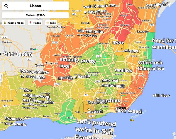 A colorful map representing income data for Lisbon with a legend and coordinates.