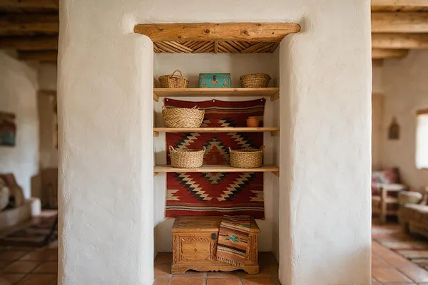 A recessed closet niche in a Southwestern-style interior with white plaster walls, three wooden shelves, and a carved wooden chest at the bottom. The shelves hold woven baskets and a turquoise decorative box, with a red geometric textile hanging behind them and a rough-hewn wood beam detail above.