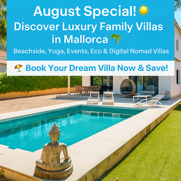 A promotional image showcasing a luxury villa with a swimming pool in Mallorca.