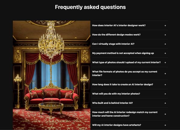 The image features an opulent interior design scene alongside a list of frequently asked questions.