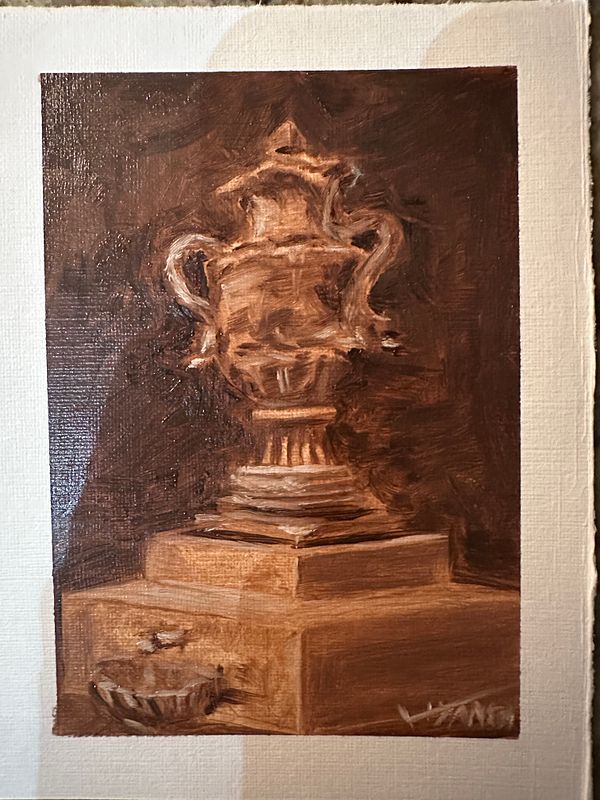 A painting of a decorative urn on a pedestal, rendered in warm brown tones.
