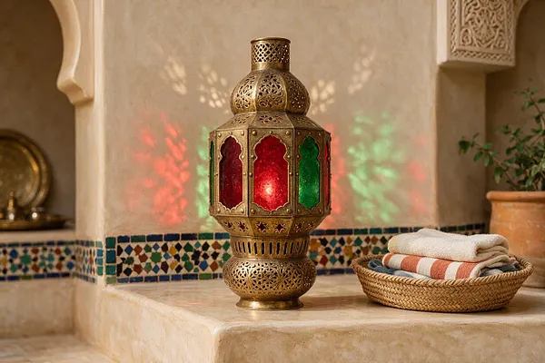 A decorative Moroccan-style brass lantern sits on a beige plaster ledge, casting red and green light patterns on the wall. Beside it is a woven basket holding folded towels, with a strip of colorful mosaic tile running along the back wall.