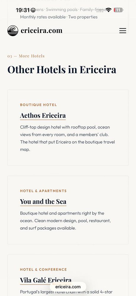 Screenshot of the ericeira.com website homepage showing various hotel listings and navigation elements.