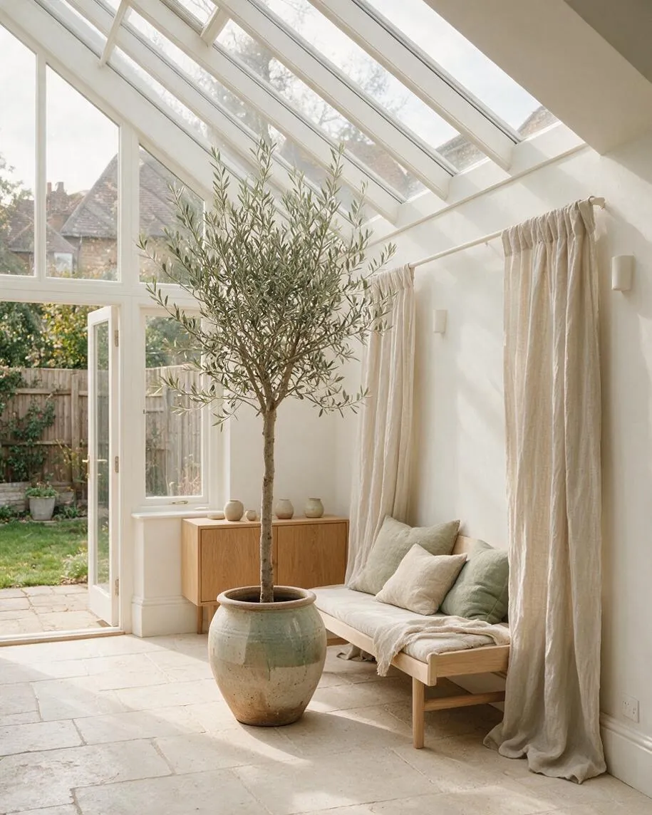 A bright Scandinavian-style backyard sunroom with a glass roof, white walls, and pale stone floor. A small tree in a large ceramic planter stands beside a light wood bench with neutral cushions and linen curtains, while open French doors connect the room to the garden.