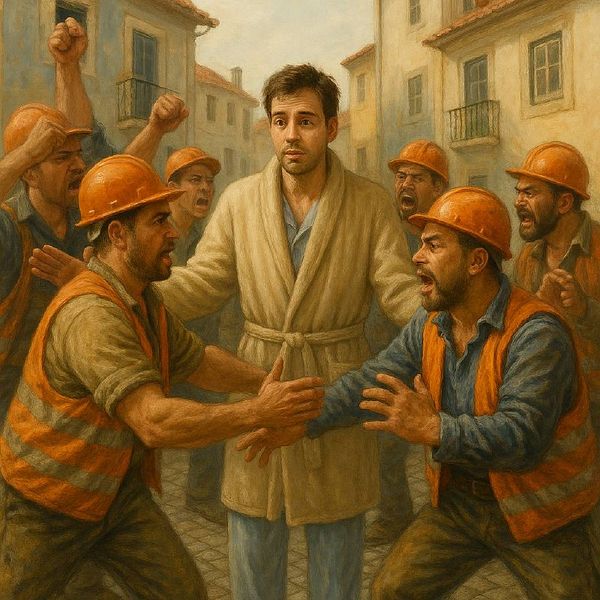 A man in a bathrobe mediates a heated argument among construction workers in a street setting.