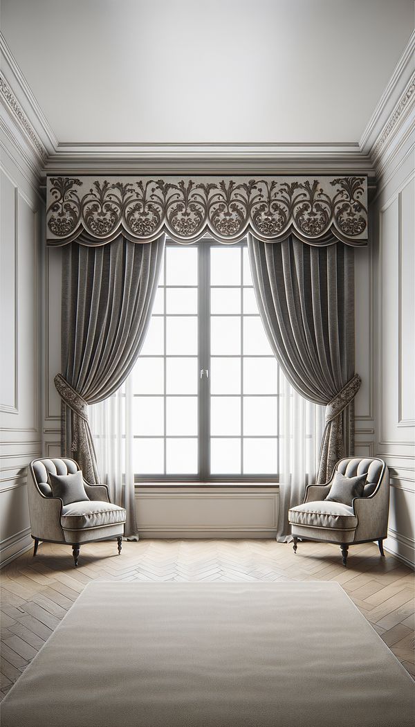 a plush fabric pelmet with intricate patterns installed above a large window, effectively hiding the curtain rod and adding to the room's aesthetic appeal