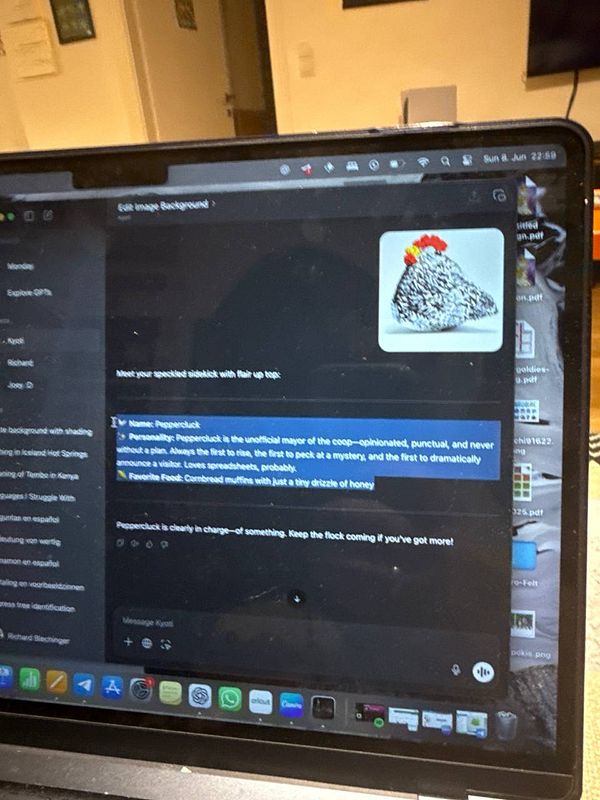 A laptop screen displays a character profile for a fictional character named Peppercluck, alongside an image of a chicken.