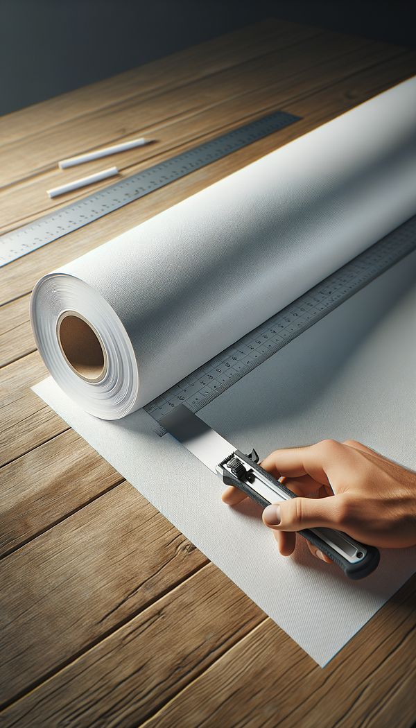 A roll of lining paper being measured and cut on a table with a ruler and a utility knife, ready for an application on a wall.