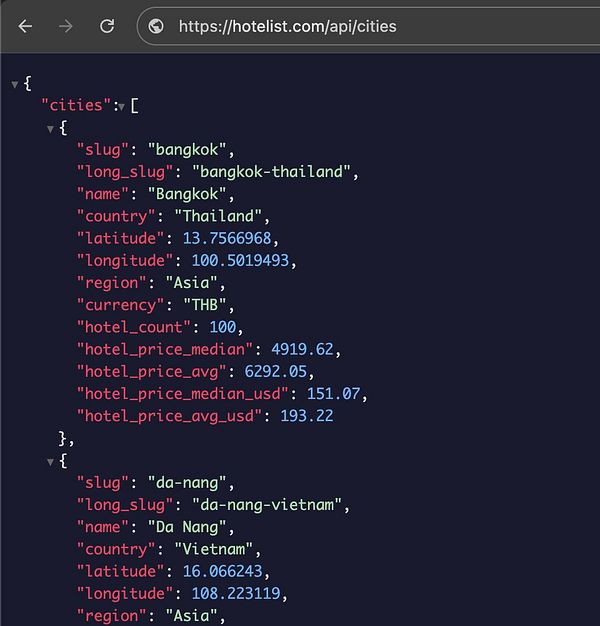 Screenshot of a code editor showing JSON data and an open Chrome browser with a hotel list page.