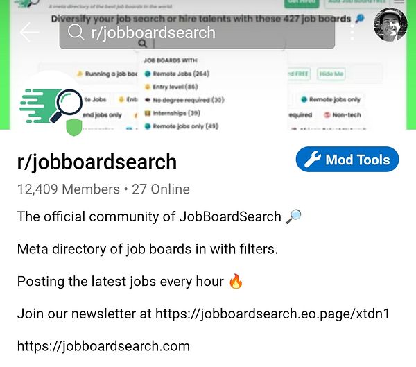 The image displays the Reddit community page for r/jobboardsearch.