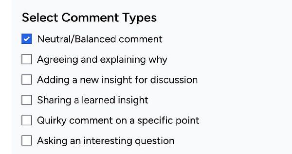A checklist interface for selecting comment types with one option checked.