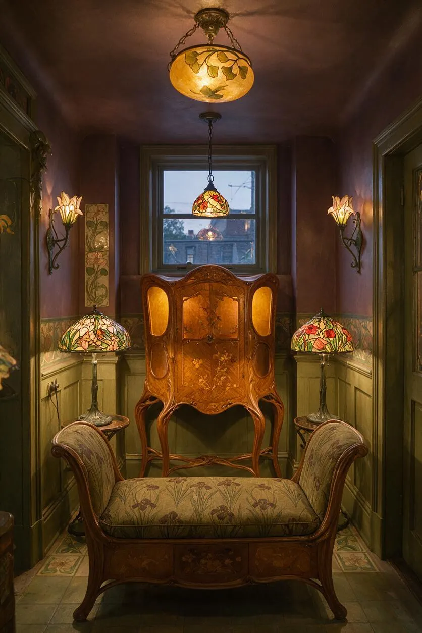 A narrow Art Nouveau game room with a carved wooden cabinet centered beneath a window, flanked by matching stained-glass table lamps on small side tables. A curved upholstered settee sits in the foreground, while wall sconces and a floral pendant light cast a warm amber glow over green wainscoting and patterned tile flooring.