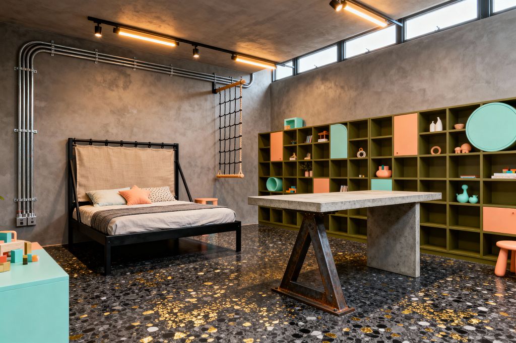 Industrial-themed kids’ room with gray concrete walls, clerestory windows, and exposed metal conduit. A black metal bed with a canvas headboard sits beside a hanging rope ladder, opposite a long olive-green shelving wall with mint and coral cabinet fronts. In the center, a cast-concrete table with a steel trestle stands on black terrazzo flooring dotted with gold flecks. Warm linear track lights illuminate toys and playful accents.
