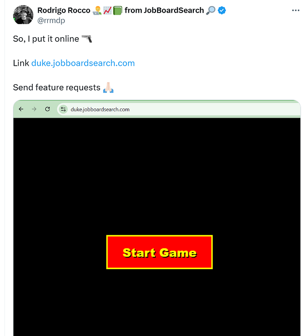 A screenshot of a game interface for Duke Nukem 3D featuring a prominent 'Start Game' button.
