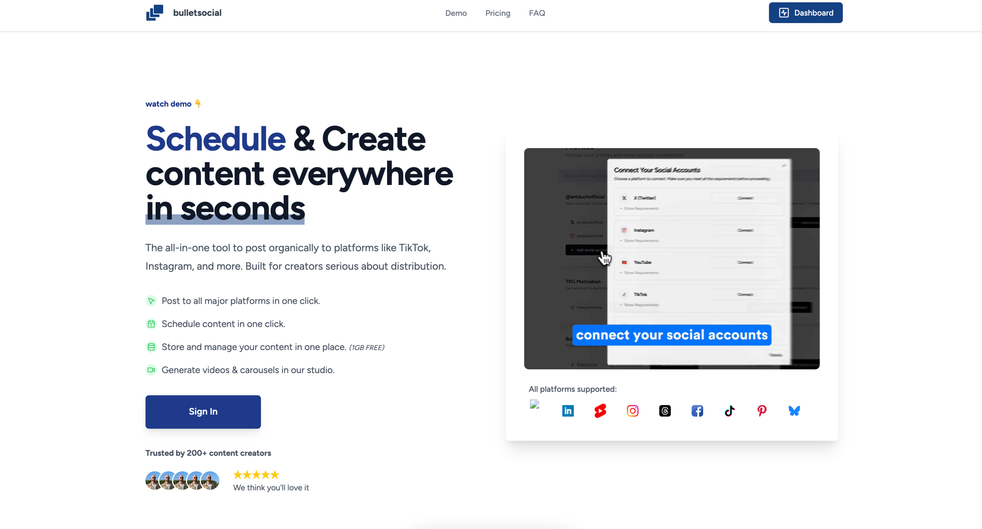 Bulletsocial: Schedule to all socials in one click. Create
