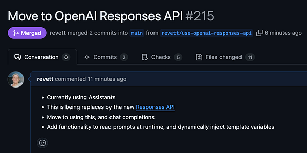 A GitHub pull request discussing the transition from OpenAI Assistants to the Responses API.
