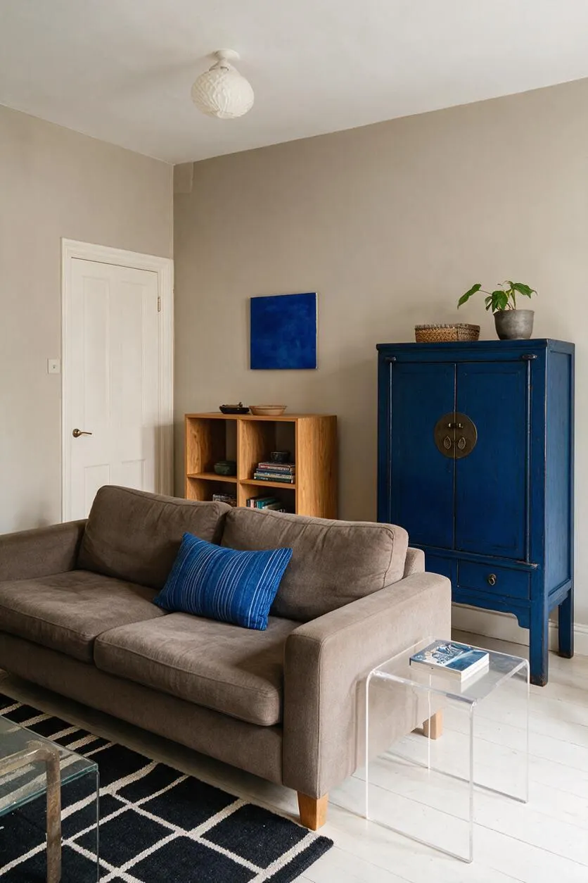 A cozy eclectic living room with beige walls, a taupe sofa with a blue striped cushion, a black-and-white geometric rug, and a deep blue storage cabinet. A small wood cubby shelf and clear acrylic side tables add mixed textures and materials.