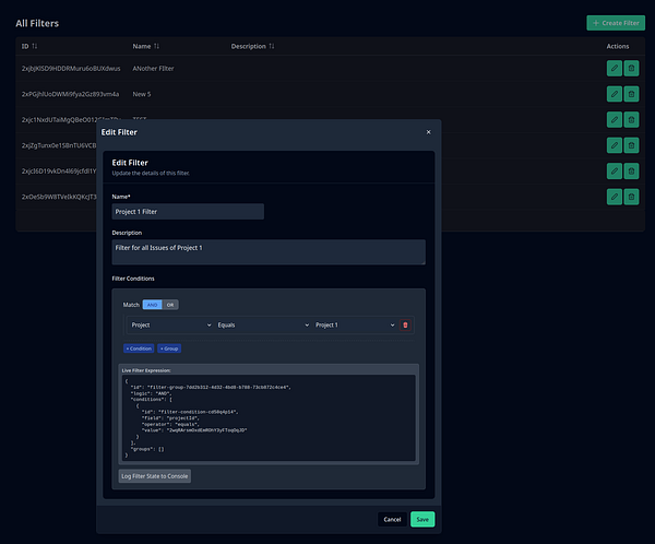 The image displays a user interface for managing filters in an application, specifically focused on editing a filter for project issues.