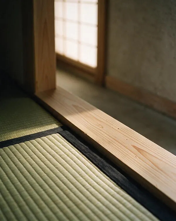 A close-up of a Japanese Zen interior detail showing a woven tatami mat in the foreground, bordered by a dark fabric edge and a pale wood threshold. Soft daylight filters through a shoji-style window, creating a calm and minimal atmosphere.