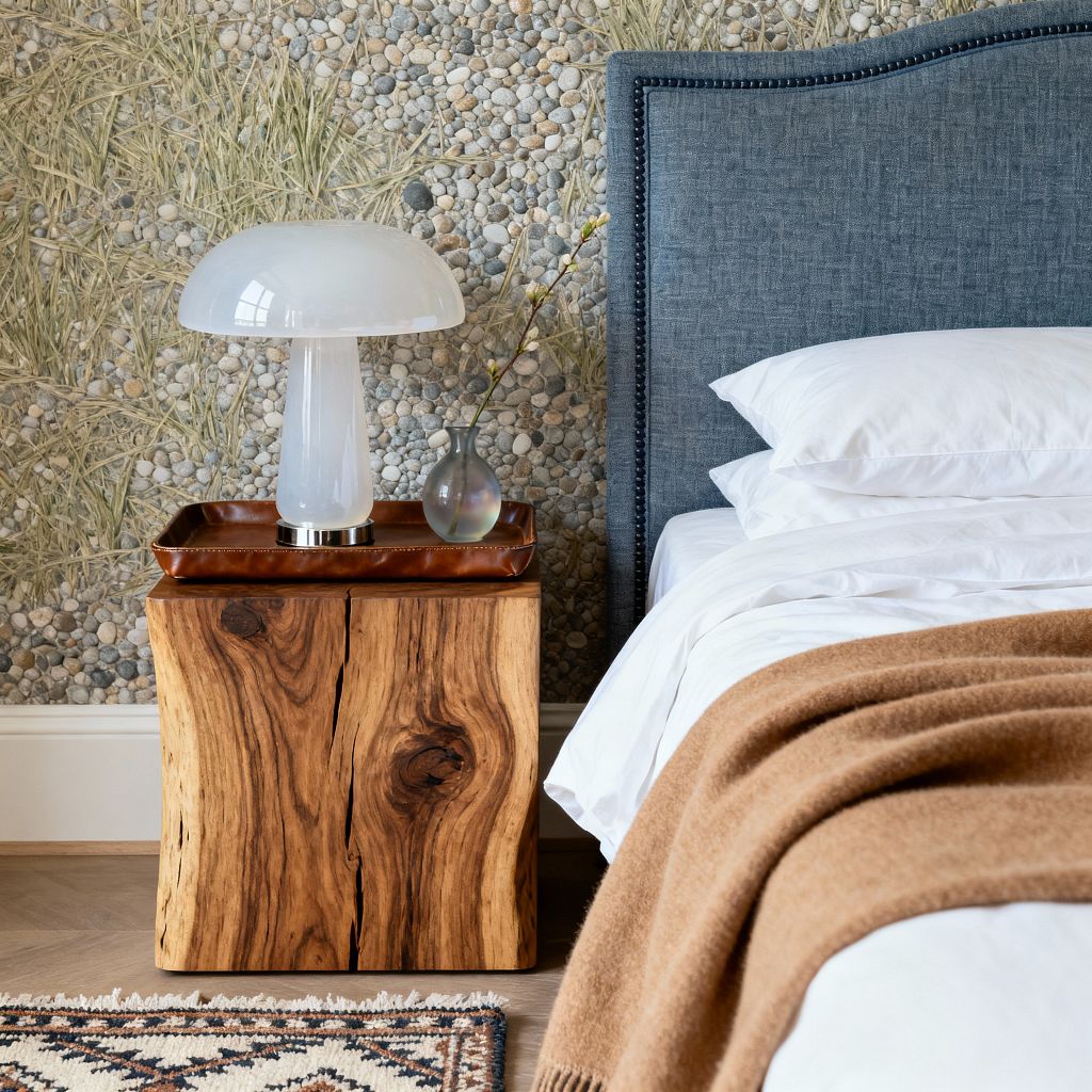 Close-up of a transitional bedroom featuring a slate-blue upholstered headboard with dark nailhead trim beside a solid live-edge wood nightstand. On the nightstand are a brown leather tray, a white opal glass mushroom lamp with a chrome base, and a small frosted glass bud vase. The wall shows pebble-and-grass photographic wallpaper. The bed has crisp white sheets with a camel wool throw, with light herringbone flooring and a fringed patterned rug visible.