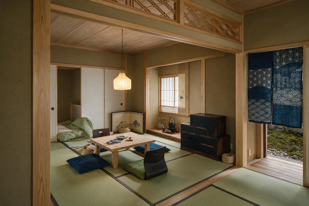 A calm Japanese Zen-style nursery with tatami mat flooring, low wooden table, floor cushions, sliding doors, and a soft pendant light. Natural wood framing, muted green walls, a blue patterned curtain, and a low sleeping nook create a peaceful, minimalist atmosphere.