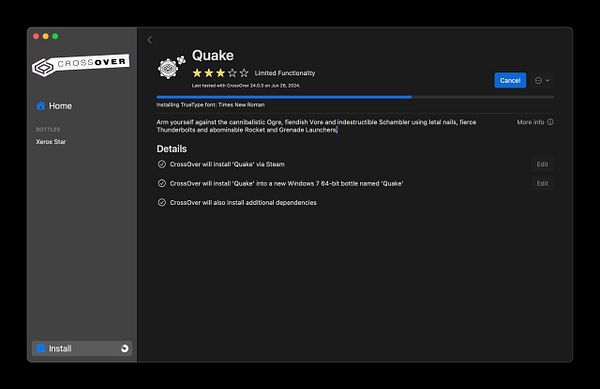 The image displays a software interface for installing the game Quake using CrossOver.