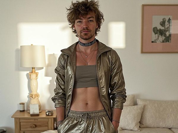 A person stands confidently in a stylish, metallic outfit in a well-lit room.