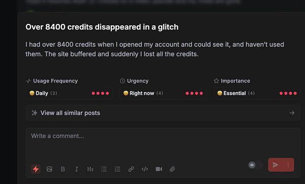 A task interface detailing a bug report about lost credits.