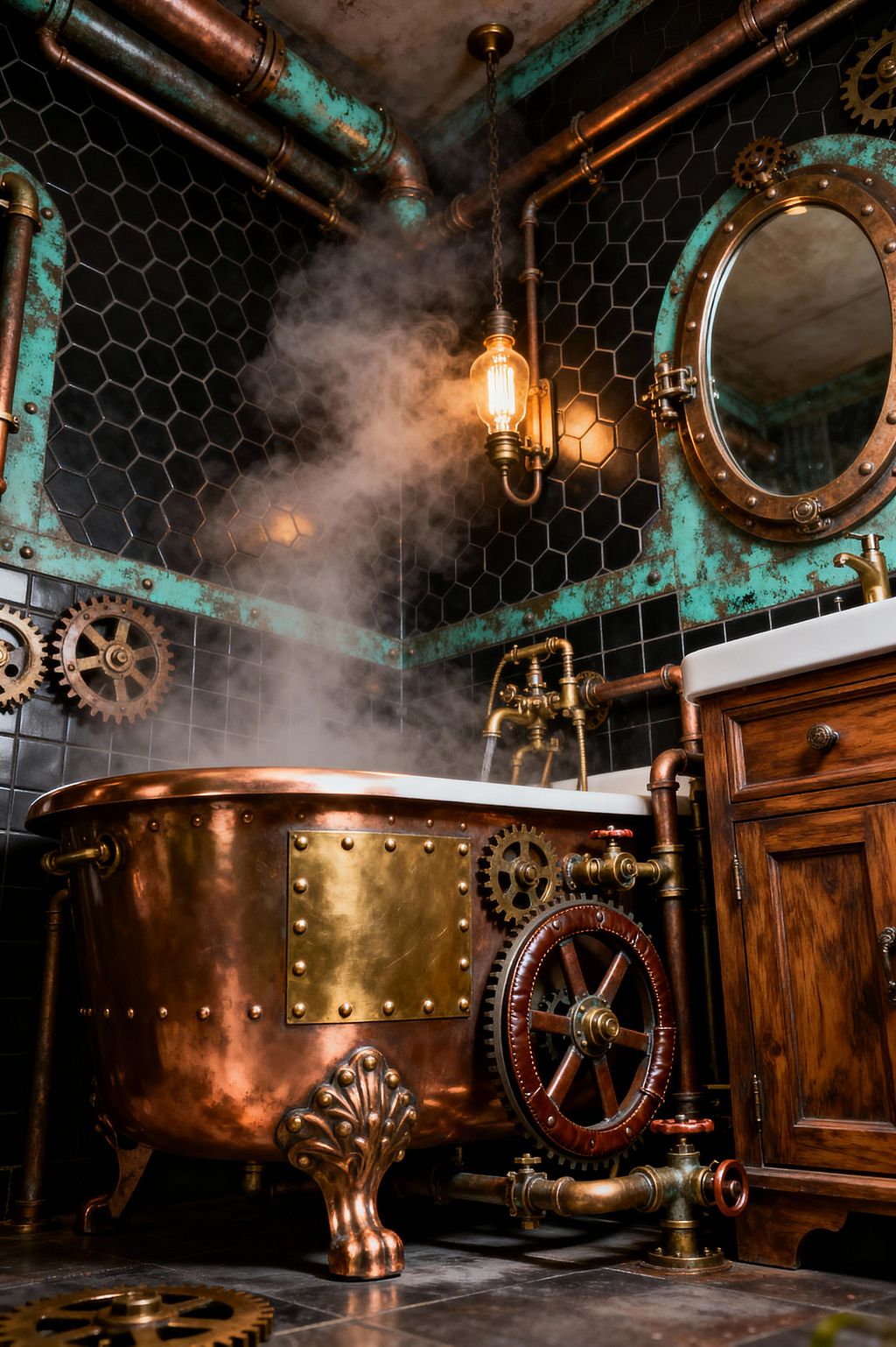 A steampunk bathroom features a riveted copper clawfoot tub with brass plate details and visible gears beside a large wheel valve, surrounded by exposed copper and brass pipes on black hex and square ceramic tiles trimmed with verdigris-patinated metal. A round porthole mirror and hanging Edison bulb warm a solid-wood vanity with a white ceramic sink, while dark stone flooring grounds the space as steam rises from the bath.