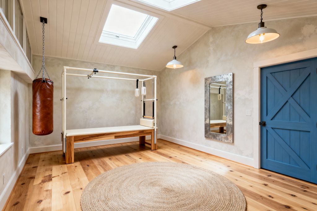 Bright farmhouse-style home gym with a vaulted white beadboard ceiling and two skylights, mottled plaster walls, and wide-plank knotty pine floors, centered on a Pilates Cadillac with white upholstery and a warm wood base. A round jute rug, caramel leather punching bag on a steel chain, a large galvanized riveted mirror, a bold blue barn-style door, and white enamel pendant lights complete the simple, rustic space.