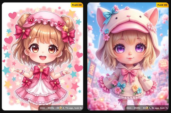 The image features two adorable chibi characters, each with distinct outfits and backgrounds.