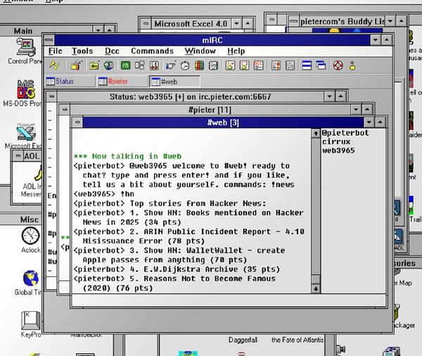The image displays an IRC chat interface showing a conversation in the #web channel.