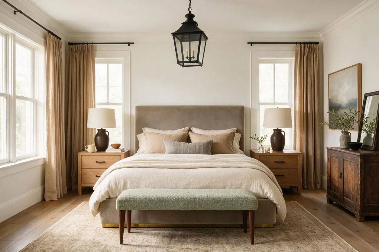 A bright master bedroom with a beige upholstered bed centered between two windows, matching wood nightstands with dark table lamps, and a black lantern pendant overhead. Neutral bedding, a pale rug, a green upholstered bench, and a weathered wood cabinet create a calm transitional look.