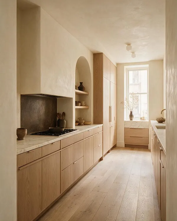 A narrow organic modern kitchen with pale oak cabinetry, a light stone countertop, and a curved plaster alcove over the cooktop. The space includes integrated appliances, open shelving, a tall pantry cabinet, and a sunlit window seat at the far end, all in soft beige and natural wood tones.