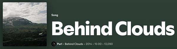 The image features the Spotify interface displaying the song 'Behind Clouds' by Purl.