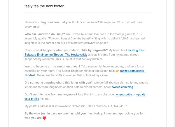 Email footer design mockup displaying name, title, contact details, and social media icons on a white background.