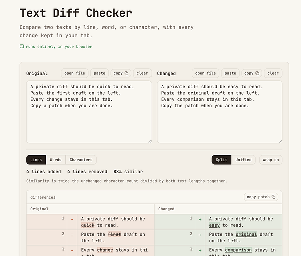 Interface of a diff checker tool displaying side-by-side code comparison with highlighted differences.