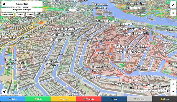 A 3D topographic map highlighting buildings and a major highway, labeled as OpenFreeMap near Hamburg, Germany.