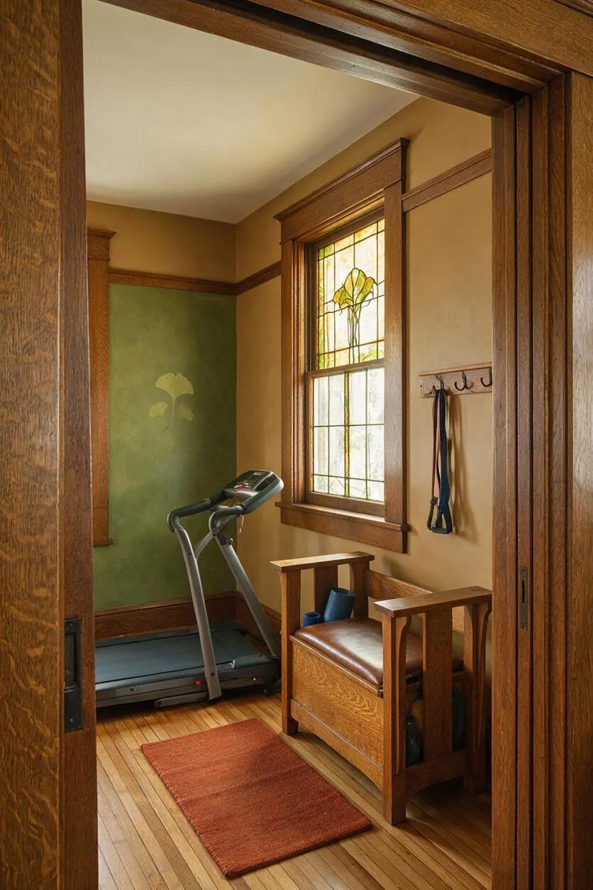 A small Craftsman-style home gym with warm wood trim, a stained glass window, and a treadmill positioned against a green accent wall. A wooden bench with a leather cushion sits beside wall hooks and a rust-colored floor mat on the hardwood floor.