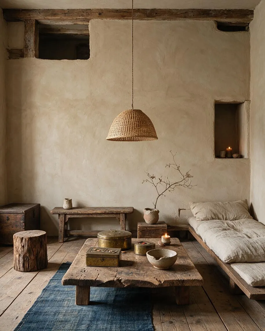 A serene game room with plaster walls, exposed timber beams, and weathered wood flooring. Low rustic seating, a rough-hewn wood coffee table, woven pendant light, and soft neutral cushions create a calm Wabi-Sabi atmosphere.