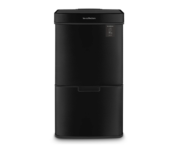 A sleek, modern black sensor kitchen bin designed for waste sorting.