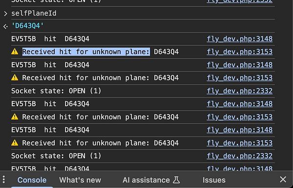 The image displays a console log showing repeated error messages related to an unknown plane hit in a flight simulation context.