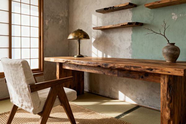 A serene home office features a thick live-edge wood desk and matching floating shelves against textured plaster walls, part sage green and part natural gray. A linen-upholstered wooden chair sits on tatami, with an aged brass dome lamp on the desk and a ceramic vase holding a bare twig. Daylight filters through a wood-framed shoji screen, casting soft grid shadows that emphasize the natural textures, knots, and patina throughout the room.