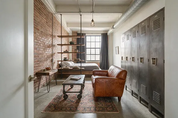 A compact studio apartment features an exposed red brick wall, concrete floor, and a large metal locker storage wall. The space includes a low platform bed near a tall window, a brown leather armchair, a rustic wheeled coffee table, open wood-and-metal shelving, and industrial pipe and pendant lighting.