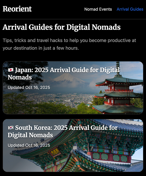 The image displays a webpage featuring arrival guides for digital nomads in Japan and South Korea.