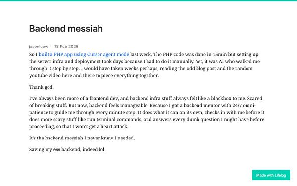 A blog post titled 'Backend messiah' discussing the author's experience with backend development.