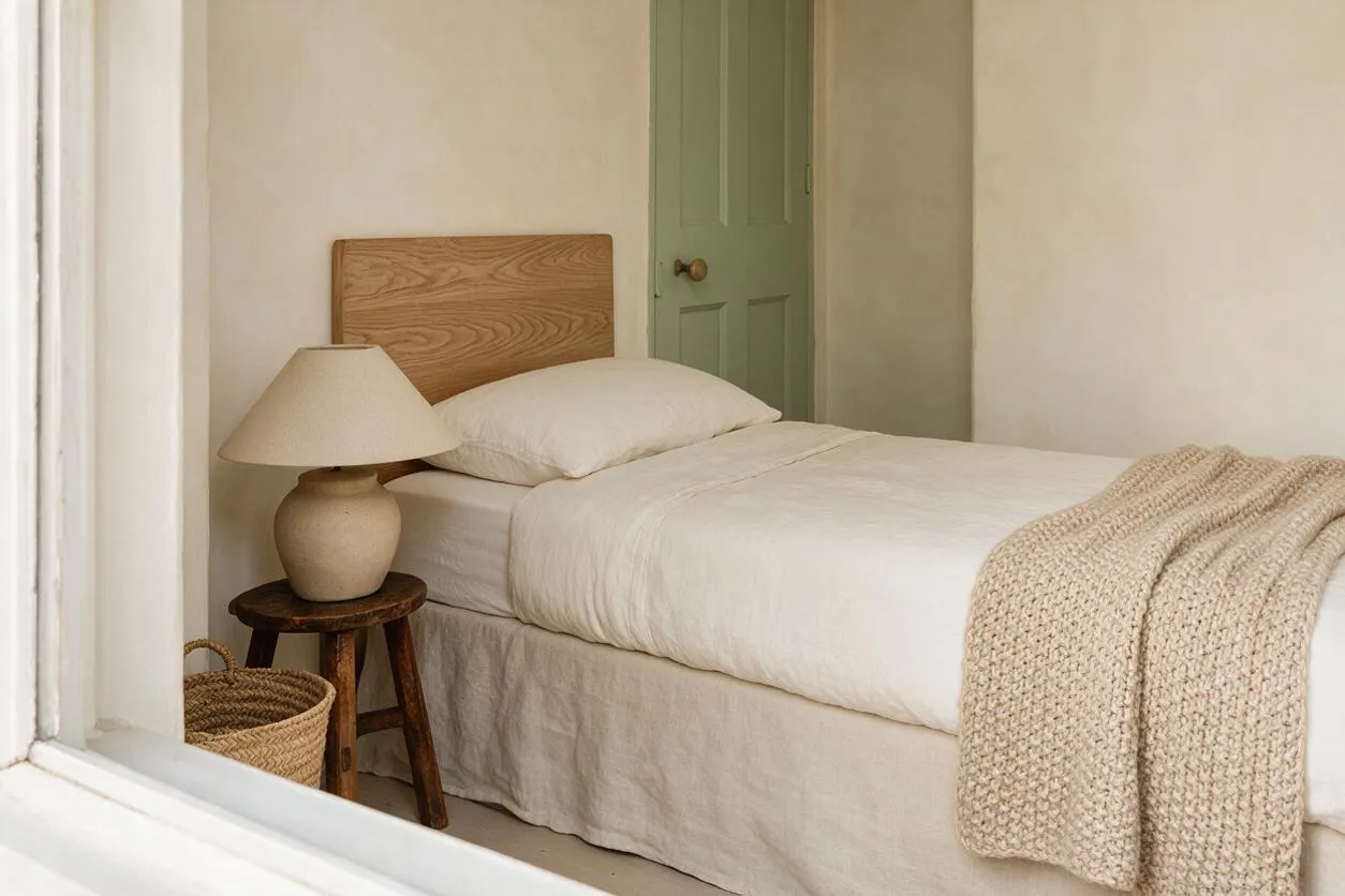 A cozy organic modern bedroom with a single bed dressed in white bedding and a textured beige throw. The room features a natural wood headboard, a sculptural ceramic table lamp on a dark wooden stool, a woven basket on the floor, and a muted sage green door against soft cream walls.