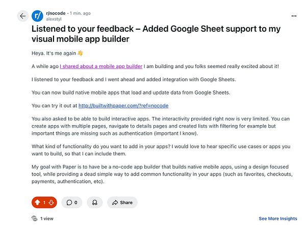 A Reddit post discussing updates to a mobile app builder with Google Sheets integration.